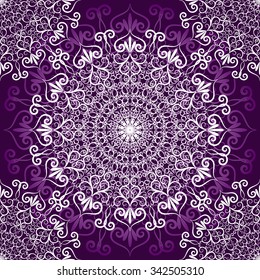 Vintage violet seamless pattern with white filigree lacy circles,  vector eps10