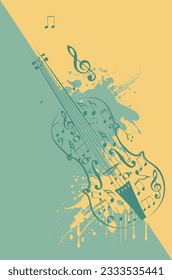 Vintage violin with music notes and grunge paint splatters illustration.