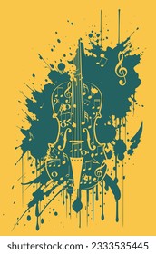 Vintage violin with music notes and grunge paint splatters illustration.