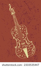 Vintage violin with music notes and grunge paint splatters illustration.