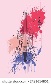 Vintage violin with music notes and grunge paint splatters illustration.