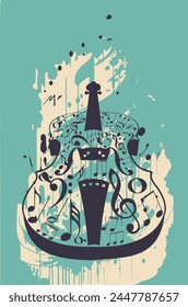 Vintage violin with music notes and grunge paint splatters illustration.