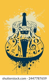 Vintage violin with music notes and grunge paint splatters illustration.