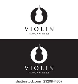 Vintage violin musical instrument logo design and violin plucking instrument with vector illustration.