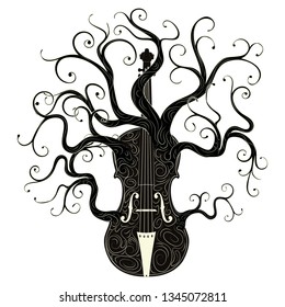 Vintage Violin Silhouette With Tree Branches Illustration.