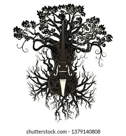 Vintage violin silhouette with tree branches illustration.