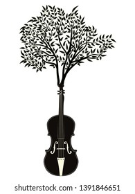 Vintage violin silhouette with tree branches illustration.