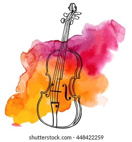A vintage violin (vector drawing imitating ink) in a romantic purple and yellow watercolor cloud; 'happy music' concept; scalable graphic