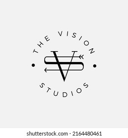 Vintage The Vision Studios Logo Design Template Vector. VS Initials Simple Minimal Symbol. Unique SV Letter Line Art Style. Abstract Logo Design in Viking Boho Style for Creative Craft Studio