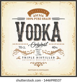 Vintage Vodka Label For Bottle/
Illustration of a vintage design elegant vodka label, with crafted lettering, specific 100% pure grain product mentions, textures and hand drawn patterns