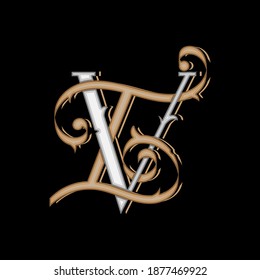 Vintage VT,TV,V,T initial letter monogram with gold and white color 