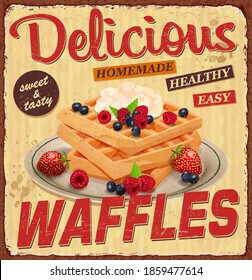 Vintage Waffles poster with with blueberry, strawberry and cream.Retro style.