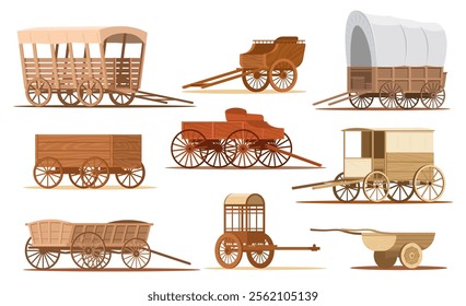 Vintage wagons. Retro wooden vehicles. Cartoon wheelbarrows and carts. Western rustic carriages. Wild west cargo cartwheels. Passenger chariots. Pioneer vans. Vector