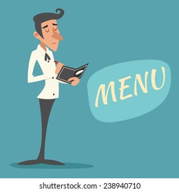 Vintage Waiter Garcon Accepts Order Symbol Restaurant Menu Icon on Stylish Background Retro Cartoon Design Vector Illustration