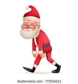 Vintage Walk Tired Sad Weary Santa Claus Icon Character Retro Christmas Cartoon Design Vector Illustration