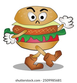 Vintage Walking Burger Mascot Vector Illustration