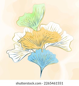 Vintage wall art watercolor imitation background with ginkgo biloba gold doodle lines leaves. Neutral florish hand drawn decor. Vector illustration.