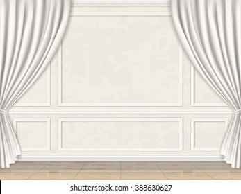 Vintage wall in classic style decorated panel mouldings and curtains. Vector interior background.