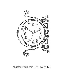 Vintage wall clock line art. Flat sketch wall clock illustration drawing template mock-up. Isolated on a white background.