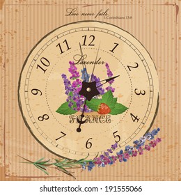 Vintage wall clock in the style of Provence. Greeting card with a bouquet of lavender, strawberries, grass. Grunge. Vintage.