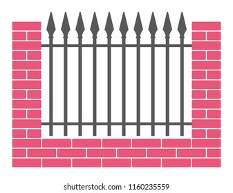 Vintage wall with iron fence with spearheads. Isolated on white background.