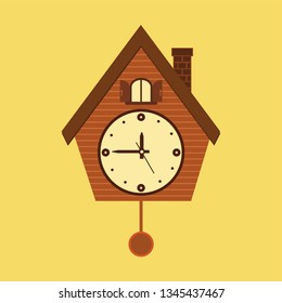 Vintage wall mounted Cuckoo clock alarm clock icon in flat design for your design isolated on yellow background.  Vector illustration EPS 10.