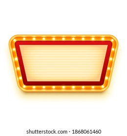 Vintage wall sign with glowing bulbs. Wall signboard with marquee lights. Retro frame with light bulbs. Vector illustration.