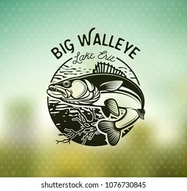 Vintage Walleye Fishing emblem, label and design elements on blur background. . Vector illustration.