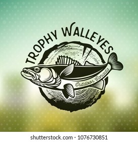 Vintage Walleye Fishing emblem, label and design elements on blur background. . Vector illustration.