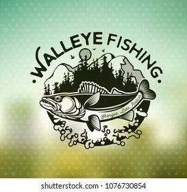 Vintage Walleye Fishing emblem, label and design elements on blur background. . Vector illustration.
