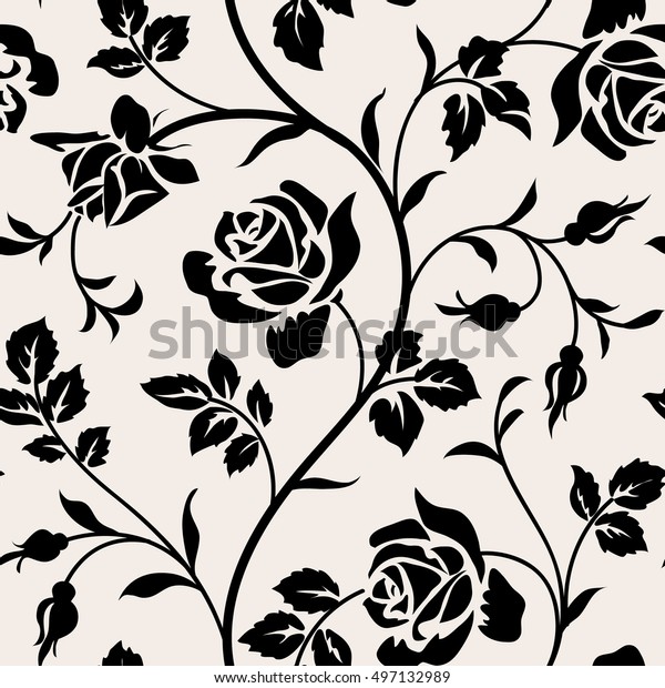 复古壁纸盛开的玫瑰和叶子 花卉无缝图案 花的装饰分支 白色背景上的黑色轮廓库存矢量图 免版税