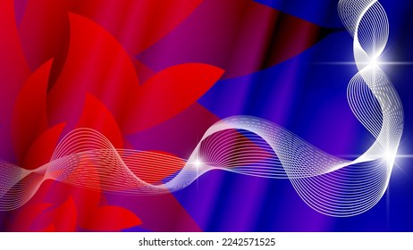 Vintage wallpaper. Flashes of light, intertwining white wavy lines, overlapping abstract red shapes on a blue background. Template for your projects. Vector.