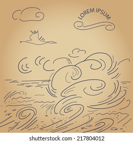 Vintage wallpaper, flying bird, waves, clouds, sea