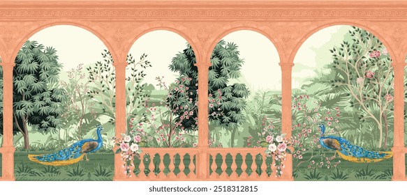 Vintage wallpaper with garden arch peacock, place landscape illustrations. Antique scenic wallpaper.