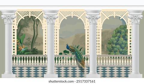 Vintage wallpaper with garden arch place. Antique scenic wallpaper.