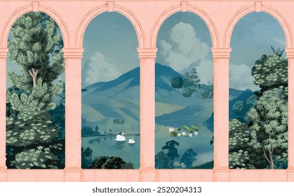 Vintage wallpaper with garden arch place by the lake, mountain.