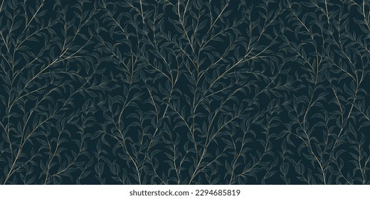 Vintage wallpaper with golden leaves on a branch in art line style. Hand drawn botanical seamless pattern for background design, banner, textile, interior design, poster, print, packaging.