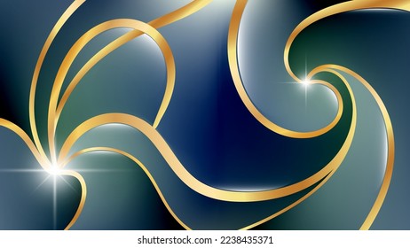 Vintage wallpaper in green-blue tones with gold trim. Shiny surface of wavy abstract shapes with stroke, glare and glow. Vector.