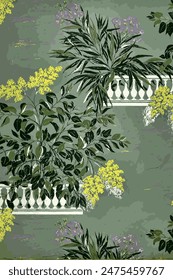 Vintage wallpaper pattern with green and purple flowers and foliage framed by white balustrades against a sage green background.