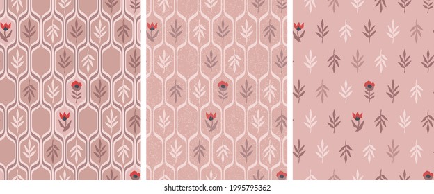 Vintage wallpaper in pink, brown and beige colors. Seamless vector pattern. Simple floral design for textile, wrapping, decorative background. Ardeco, modern style.