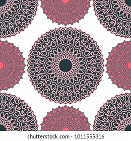 Vintage Wallpaper Rapport. Seamless Ethnic Pattern with Round Zentangles. Abstract Oriental Background with Mandala. Decorative Vintage Print for Fabric and Paper. 