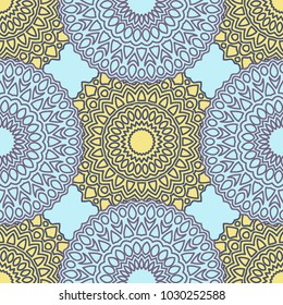 Vintage Wallpaper Rapport. Seamless Ethnic Pattern with Round Zentangles. Abstract Oriental Background with Mandala. Decorative Vintage Print for Fabric and Paper. 
