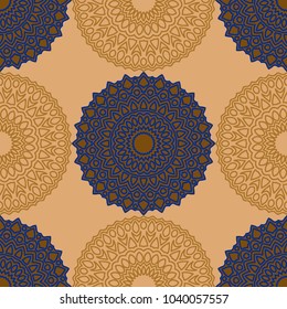 Vintage Wallpaper Rapport. Seamless Ethnic Pattern with Round Zentangles. Abstract Oriental Background with Mandala. Decorative Vintage Print for Fabric and Paper. 