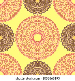 Vintage Wallpaper Rapport. Seamless Ethnic Pattern with Round Zentangles. Abstract Oriental Background with Mandala. Decorative Vintage Print for Fabric and Paper. 