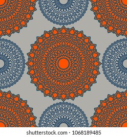 Vintage Wallpaper Rapport. Seamless Ethnic Pattern with Round Zentangles. Abstract Oriental Background with Mandala. Decorative Vintage Print for Fabric and Paper. 