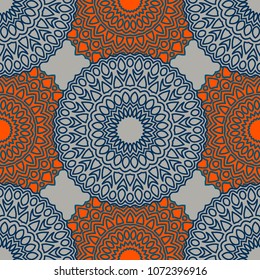 Vintage Wallpaper Rapport. Seamless Ethnic Pattern with Round Zentangles. Abstract Oriental Background with Mandala. Decorative Vintage Print for Fabric and Paper. 