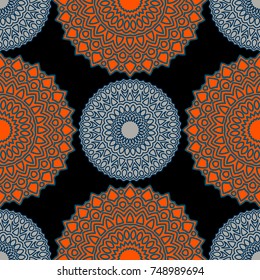 Vintage Wallpaper Rapport. Seamless Ethnic Pattern with Round Zentangles. Abstract Oriental Background with Mandala. Decorative Vintage Print for Fabric and Paper. 