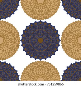 Vintage Wallpaper Rapport. Seamless Ethnic Pattern with Round Zentangles. Abstract Oriental Background with Mandala. Decorative Vintage Print for Fabric and Paper. 