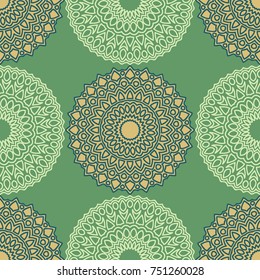 Vintage Wallpaper Rapport. Seamless Ethnic Pattern with Round Zentangles. Abstract Oriental Background with Mandala. Decorative Vintage Print for Fabric and Paper. 