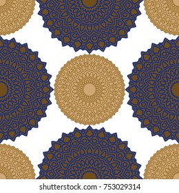 Vintage Wallpaper Rapport. Seamless Ethnic Pattern with Round Zentangles. Abstract Oriental Background with Mandala. Decorative Vintage Print for Fabric and Paper. 